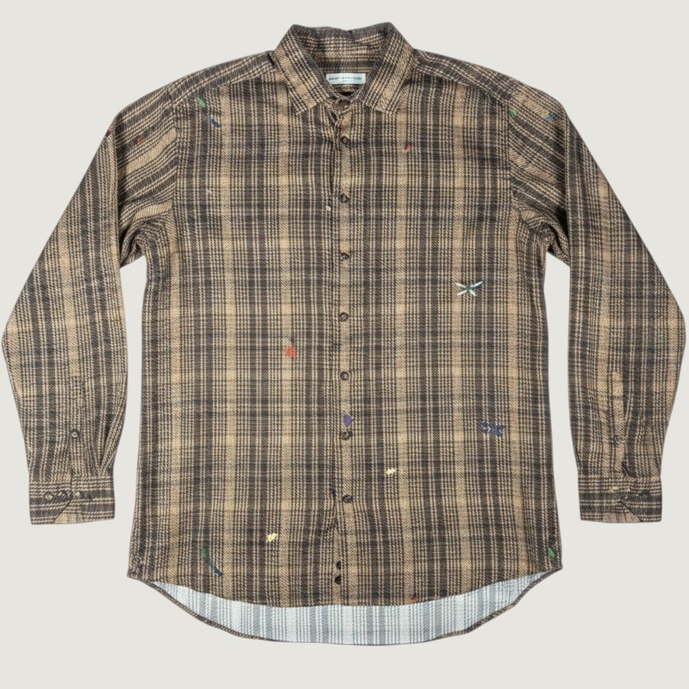 Etro Milano Mens Plaid Dragonfly Embroidered Button Down Shirt Brown Size 42